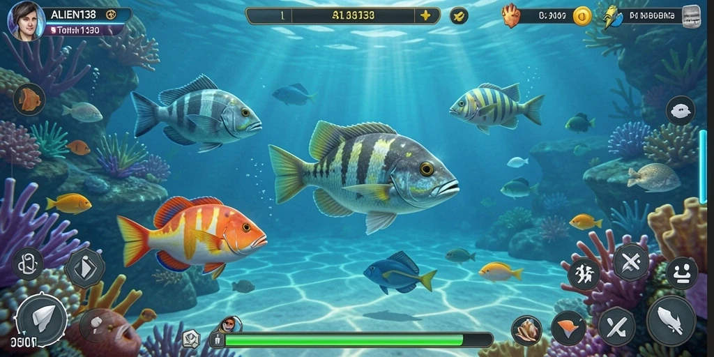 Tampilan gameplay seru ALIEN138 saat menembak ikan.