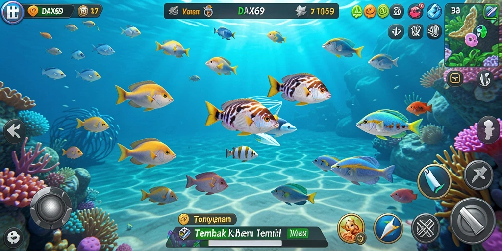Screenshot gameplay DAX69 yang menampilkan aksi menembak ikan.