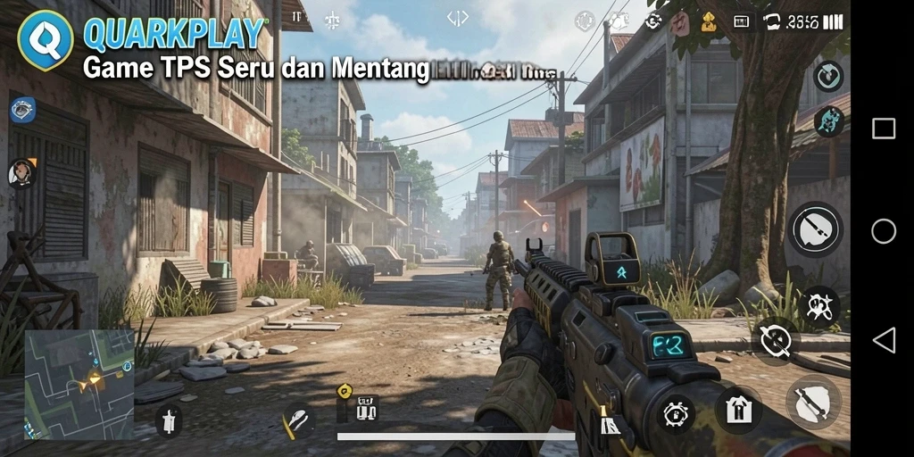 Screenshot utama QUARKPLAY menampilkan momen aksi intens dari pertarungan TPS.