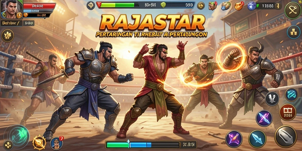Gameplay menegangkan dengan karakter bertarung di arena.