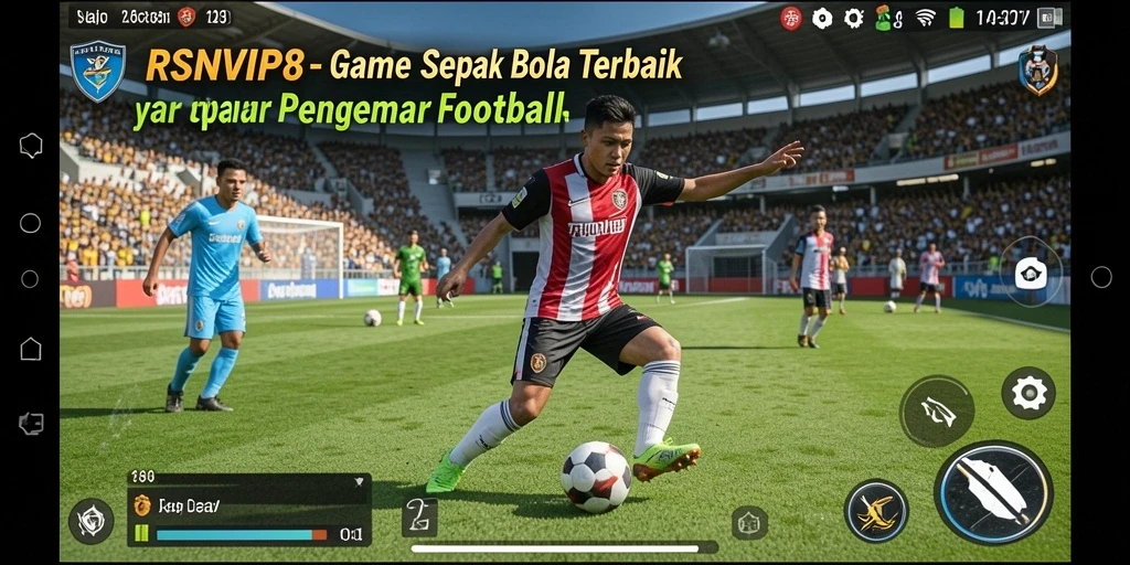 Screenshot gameplay RSNVIP8 yang menunjukkan aksi sepak bola yang intens.