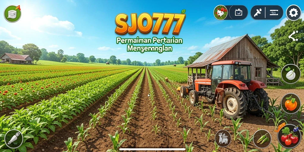 Tampilan gameplay SJO777 yang menampilkan kebun yang rimbun dan aktivitas bertani.