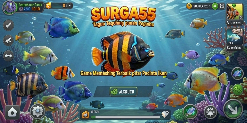 Screenshot SURGA55 menampilkan pemain yang menangkap ikan di danau yang indah.